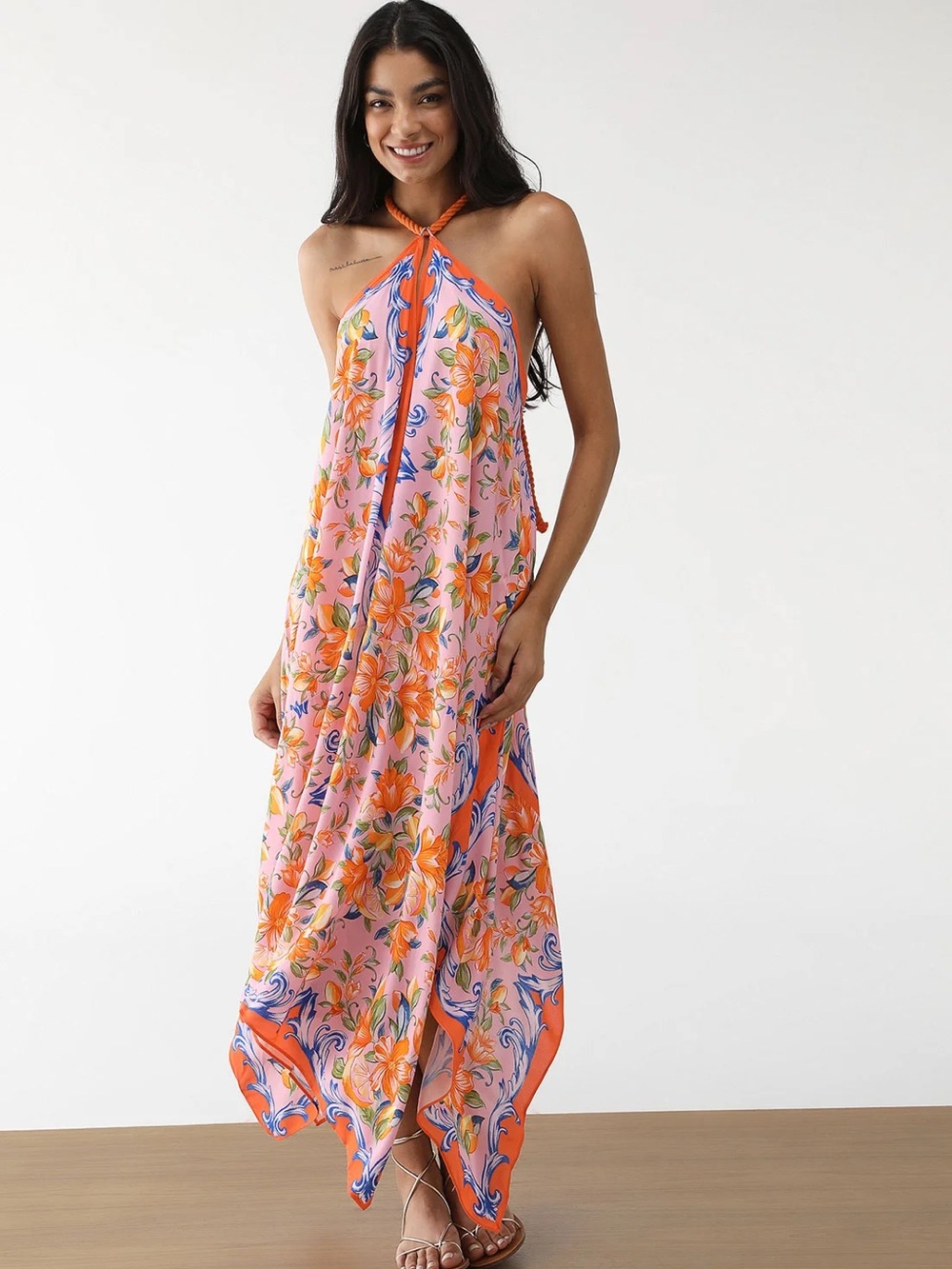 FARM Rio Sicilia Lenço Pink Floral Halter Maxi Dress with Orange & Blue Accents
